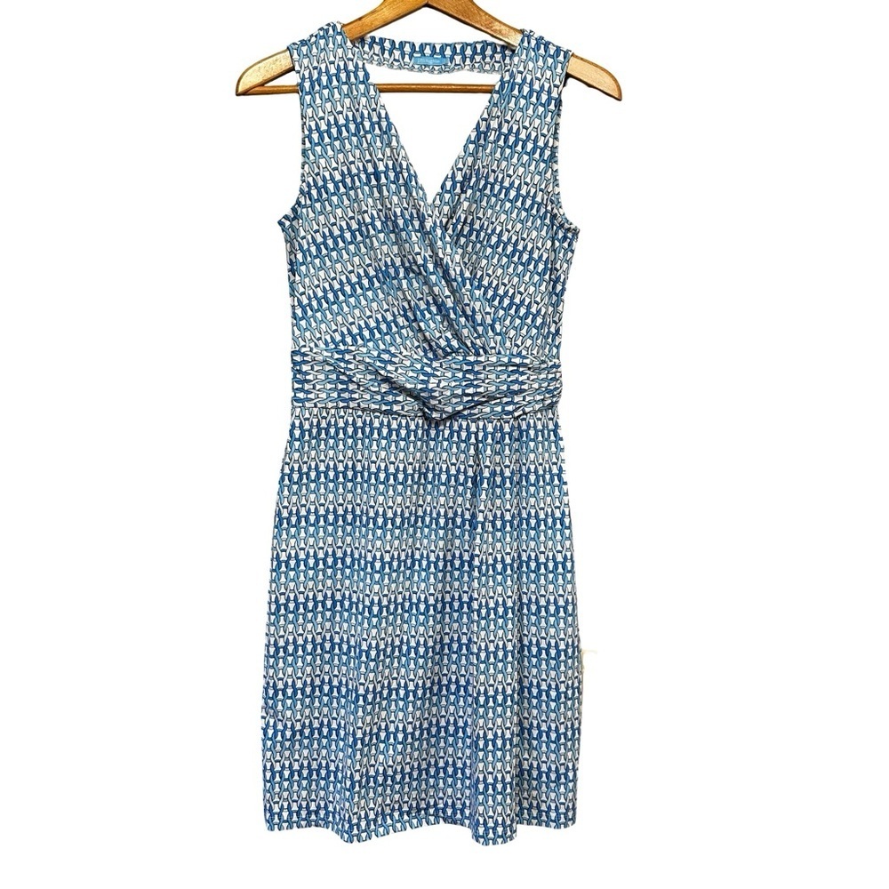 J. McLaughlin Catalina Knit Dress Small Blue White Sleeveless Faux Wrap Midi